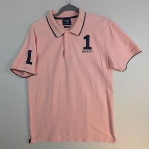 Hackett London Polo Shirt Mens L Pink Navy Pique Tailored Fit Number 1 Sporty